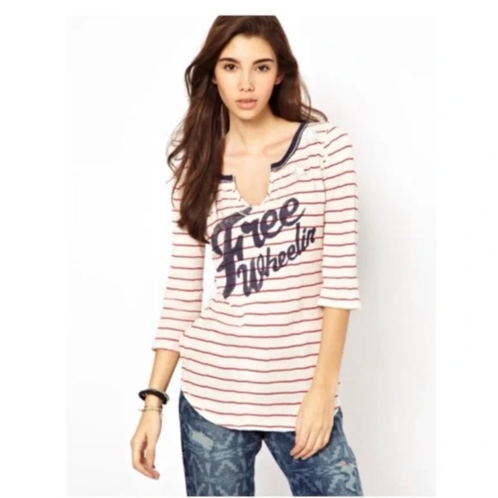 Free People We the Free striped cream and red free wheeling shirt size L